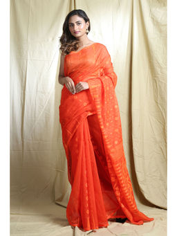 Arhi - Orange Silk Cotton Handwoven Soft Saree With Allover Thared Weving