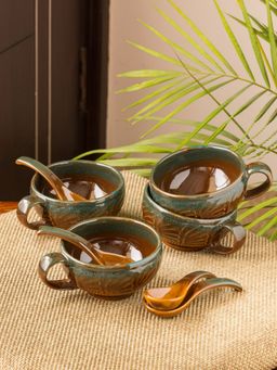 ExclusiveLane - Amber & Teal Studio Pottery Soup Bowls With Spoons In Ceramic (Set Of 4)