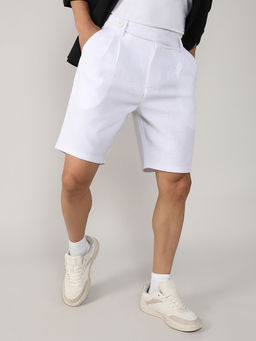 Campus Sutra - Mens Chalk White Tailored Poly-Linen Shorts