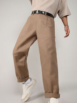 Campus Sutra - Mens Camel Brown Linen-Blend Trouser