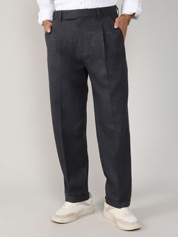 Campus Sutra - Mens Charcoal Black Linen-Blend Trouser