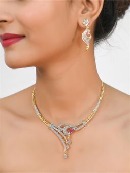 Ratnavali Jewels - American Diamond Cubic Zirconia Gold Plated Necklace Set with Earring