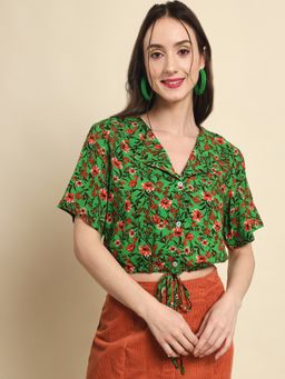 Trend Arrest - Green Printed Drawstring Detail Crop Top