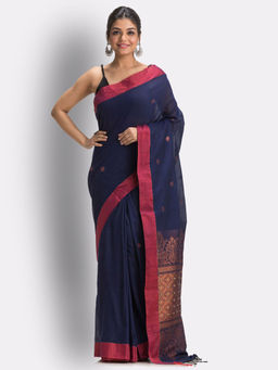 Angoshobha - Navy Blue Tangail Cotton Handloom Saree with Unstitched Blouse