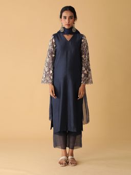 Zeefaa - Airy Chanderi Oxford Blue Set (3 Pcs)