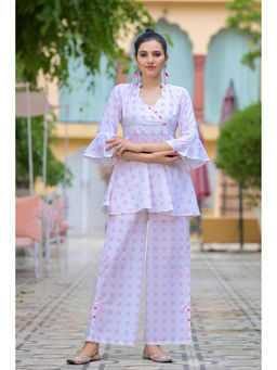 The Kapas - Porcelain White & Pink Print Top With Flared Pant (Set of 2)