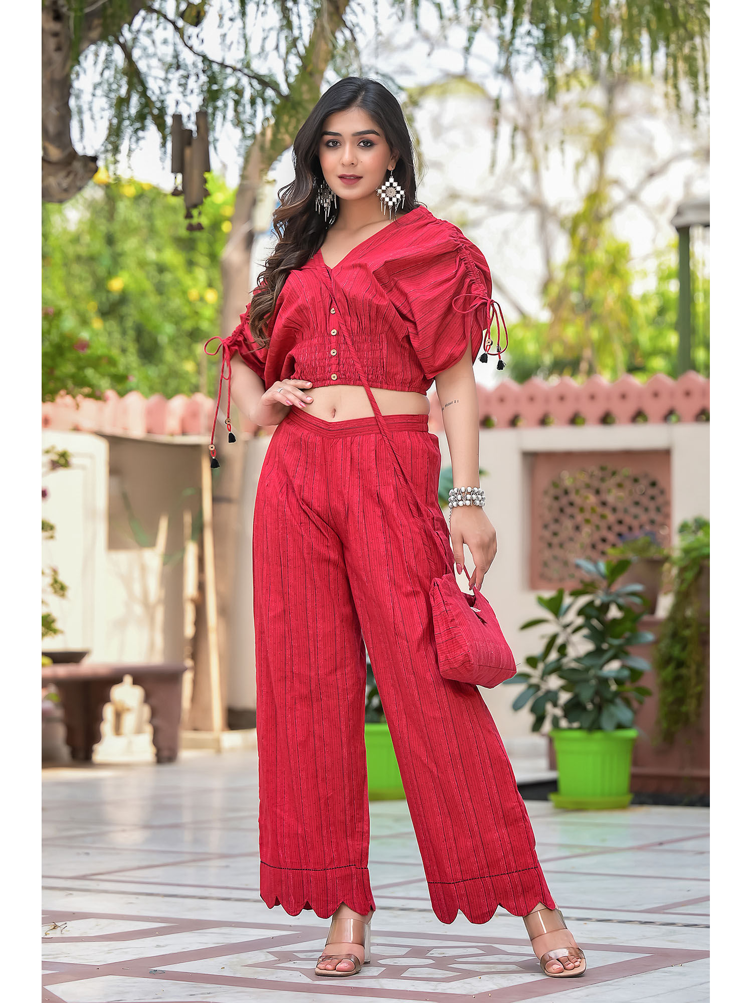 Buy The Kapas Carmine Red Stripe Print Crop Top And Flared Palazzo