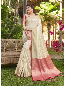 Sangam Prints - Off White Heavy Work Traditional Saree with Unstitched Blouse