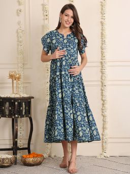 Secret Wish - Blue Floral Cotton Maternity Dress Calf Length