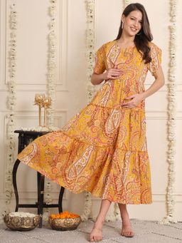 Secret Wish - Yellow Floral Cotton Maternity Dress Calf Length