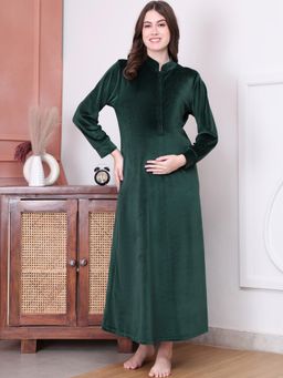 Secret Wish - Bottle Green Solid Velvet Maternity Nighty