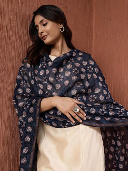 Fabindia - Blue Cotton Silk Blend Dabu Printed Dupatta
