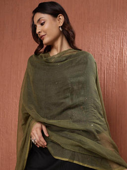 Fabindia - Green Cotton Silk Embroidered Dupatta