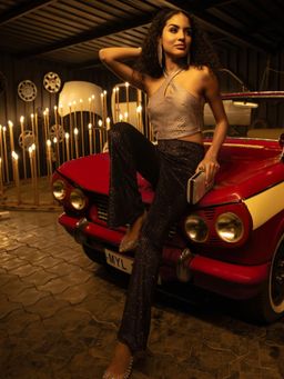 Globus - Women Silver Self Design Polyester Halter Neck Party Crop Top