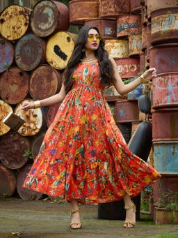 Globus - Women Orange All Over Floral Print Strappy Sleeves Waist Tie-Up Fit & Flare Fusion Maxi Dress