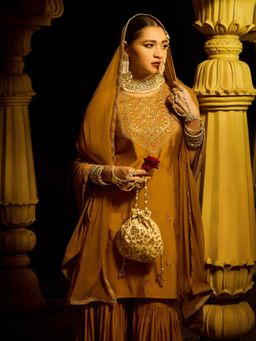 Globus - Mustard Embroidered Kurta with Sharara and Dupatta (Set of 3)