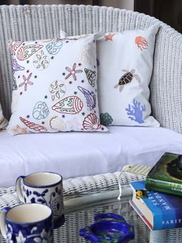 Crown of Poppies - White Beachy Vibes Cushion Covers (Pack of 2) (16 x 16 Inches)