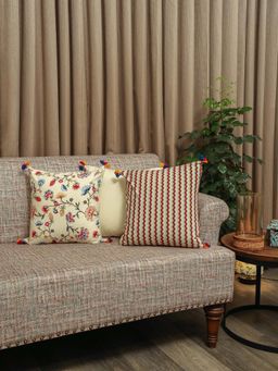 Crown of Poppies - Off White Meadow Bloom Cushion Covers (Pack of 3) (16 x 16 Inches)