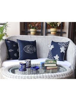 Crown of Poppies - Blue Ocean Tales Denim Cushion Covers (Pack of 3) (16 x 16 Inches)