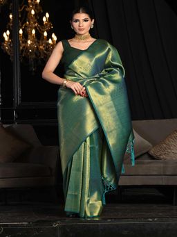 Beatitude - Green Golden Tint Soft Silk Banarasi Woven Saree with Unstitched Blouse