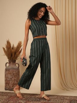 Globus - Women Green Woven Design Crop Top with Pant Co-Ord (Set of 2)