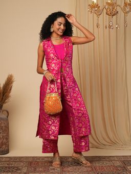 Globus - Women Pink Floral Woven Jacket with Top and Pant Co-Ord (Set of 3)