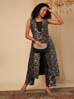 Globus - Women Black Floral Woven Jacket with Top and Pant Co-Ord (Set of 3)