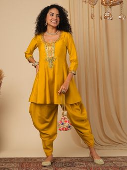Globus - Women Yellow Floral Embroidered A-Line Kurta with Dhoti (Set of 2)