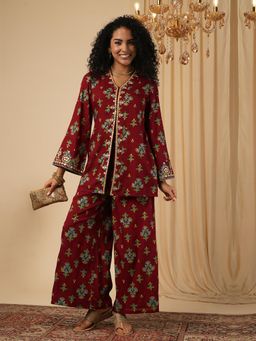 Globus - Women Maroon Floral Printed Kurta with Palazzo (Set of 2)