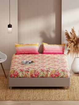 KOPA - Double Bedsheet With Pillow Covers (Bio-Soft Cotton Feel) Floral-Beige/Pink (Queen)