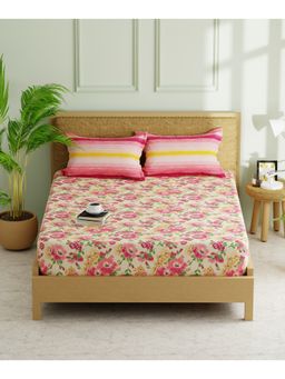 KOPA - Double Bed Fitted Bed Sheet With Pillow Covers (Lorenzo) Floral-Beige/Pink (Queen)