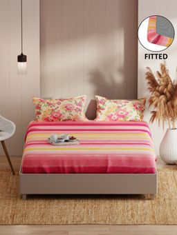 KOPA - Fitted Double Bed Sheet With Pillow Covers (Bio-Soft Feel) Floral-Pink/Yellow (Queen)