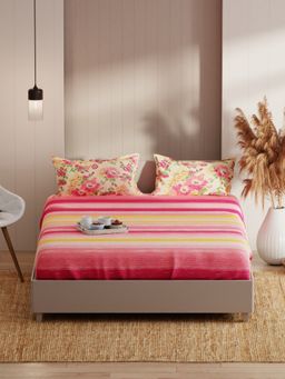KOPA - Double Bedsheet With Pillow Covers (Bio-Soft Cotton Feel) Floral-Pink/Yellow (Queen)