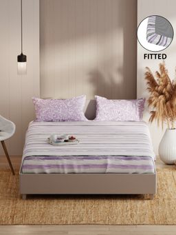 KOPA - Fitted Double Bed Sheet With Pillow Covers (Bio-Soft Feel) Geometric-Grey/Purple (Queen)
