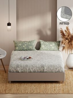 KOPA - Fitted Double Bed Sheet With Pillow Covers (Bio-Soft Cotton Feel) Floral-Light Grey (Queen)
