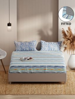 KOPA - Fitted Double Bed Sheet With Pillow Covers (Bio-Soft Cotton Feel) Blue (Queen)