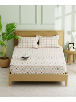 KOPA - Double Bed Fitted Bed Sheet With Pillow Covers (Lorenzo) Floral-White/Red (Queen)