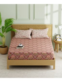 KOPA - Double Bed Fitted Bed Sheet With Pillow Covers (Lorenzo) Floral-Brown/Brick Red (Queen)
