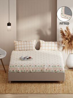 KOPA - Fitted Double Bed Sheet With Pillow Covers (Bio-Soft Feel) Floral-Sand Beige/White (Queen)