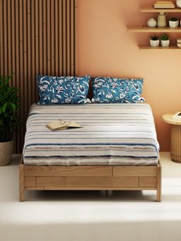 KOPA - Double Bed Bed Sheet With Pillow Covers (Magnolia) Blue/Beige (Queen)