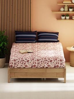 KOPA - Double Bed Bed Sheet With Pillow Covers (Magnolia) Floral-Brick Red/Blue (Queen)