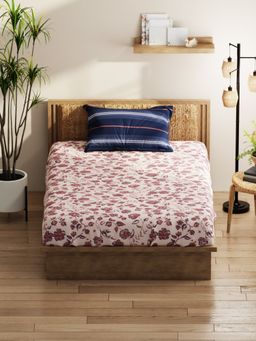 KOPA - Single Bed Bedsheet With Pillow Cover (Classic Cotton Feel) Floral-Brick Red/Blue (Queen)