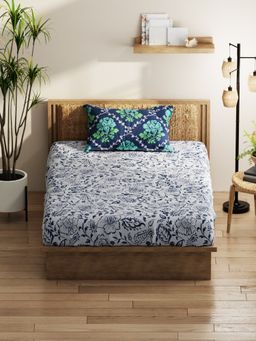 KOPA - Single Bed Bedsheet With Pillow Cover (Classic Cotton Feel) Floral-Grey/Navy Blue (Queen)