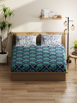 KOPA - Double Bedsheet With Pillow Covers (Classic Cotton Feel) Floral-Green/Navy Blue (Queen)