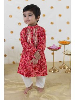 TIBER TABER - Baby Boy Bandhani Print Cotton Kurta - Red (Set of 2)