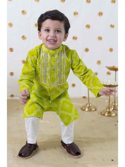 TIBER TABER - Boy Bandhani Print Cotton Kurta - Green (Set of 2)
