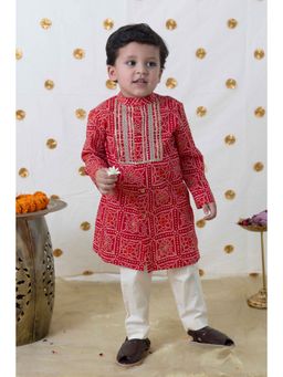 TIBER TABER - Boy Bandhani Print Cotton Kurta - Red (Set of 2)