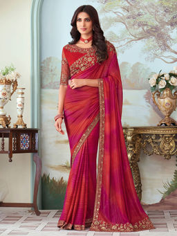 Akhilam - Women's Chiffon Pink Embellished Designer Saree with Unstitched Blouse