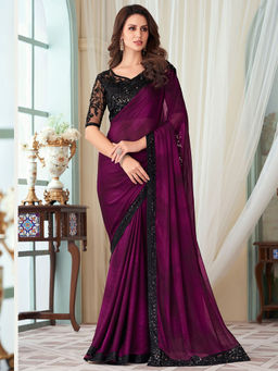 Akhilam - Women's Chiffon Wine Embellished Designer Saree with Unstitched Blouse