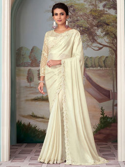 Akhilam - Women's Satin Silk Cream Embroidered Designer Saree with Unstitched Blouse